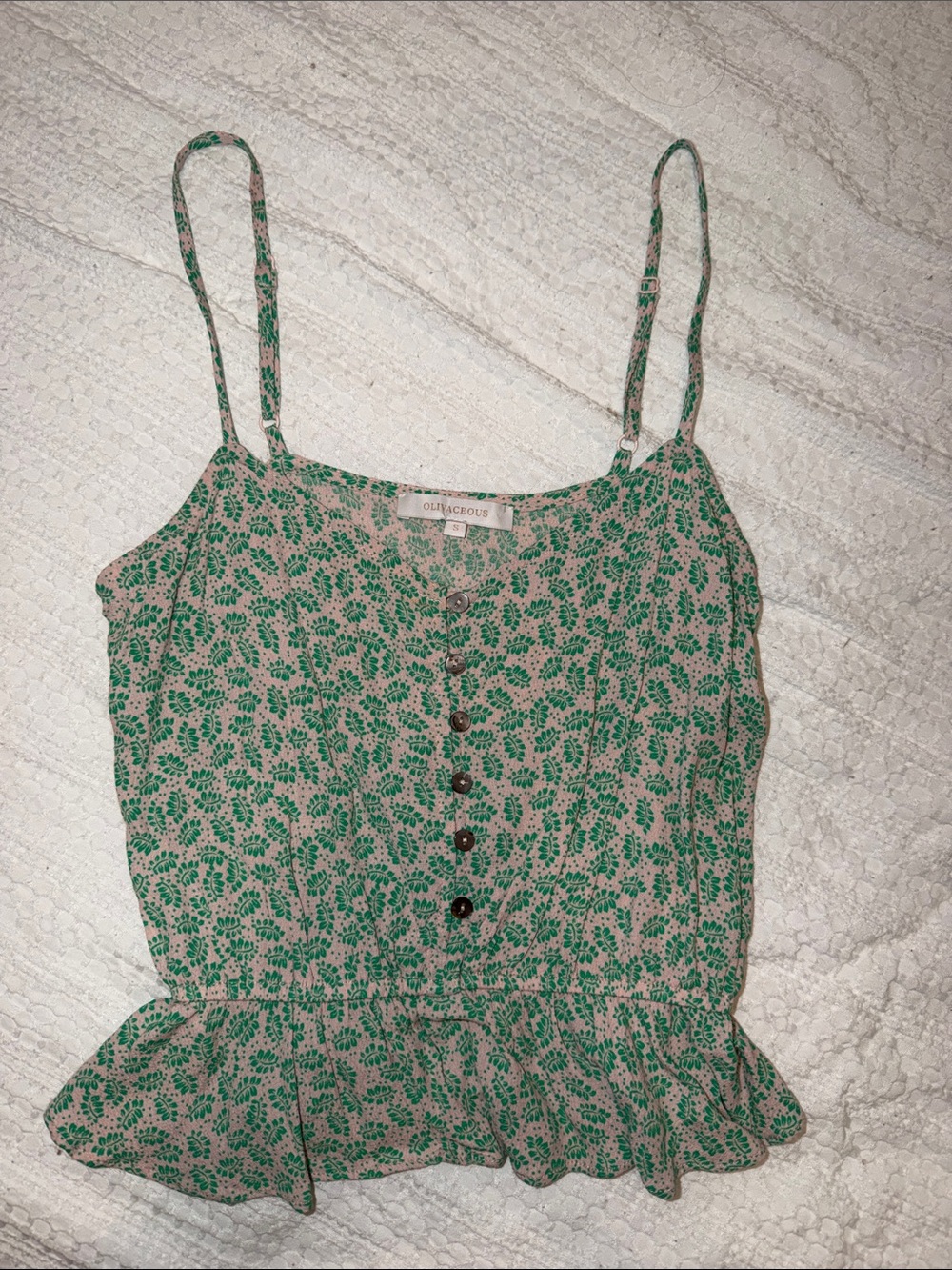 Olivaceous Beige Tank with Green Floral Print and Buttons
